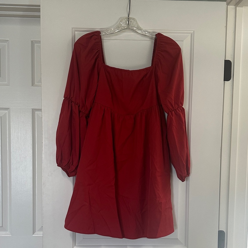 Red Square-Neck Puff Sleeve Mini Dress